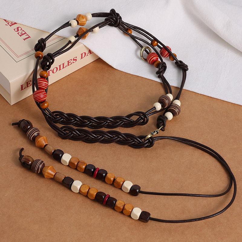 Boho Style Mixed Color Wood Beads Genuine Leather Braided Texture Ethnic Style Handmade Women's Belt Casual Vacation Style Waist Rope