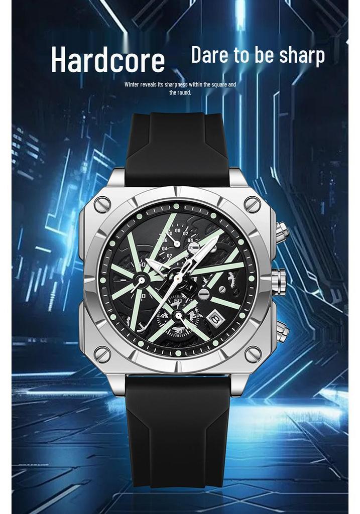 OFNS Men's Six-Needle Chronograph Quartz Watch with Luminous Bar Markers, Square Face, Waterproof, and Calendar.