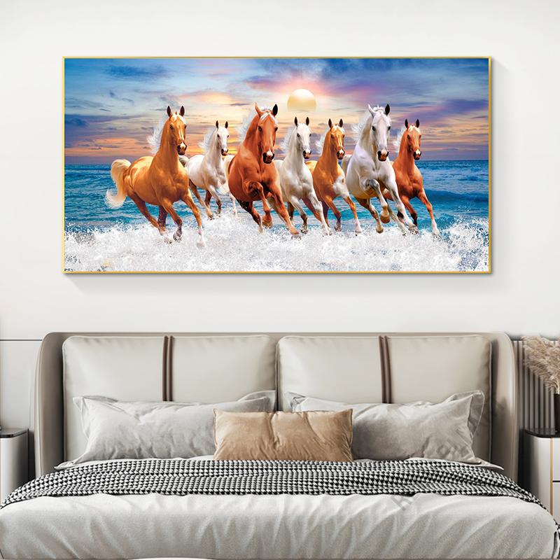 Seven Horses Running In Sand Canvas Painting Wall Art Sunrise Horse Group Posters and Prints for Living Room Wall Decor Cuadros
