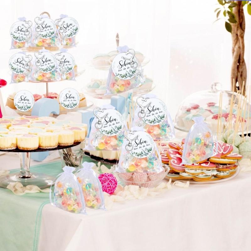 30Pcs Angel Wing Charm Keychain Decorative Key Holder with Drawstring Gauze Bag and Labels for Baby Showers Wedding