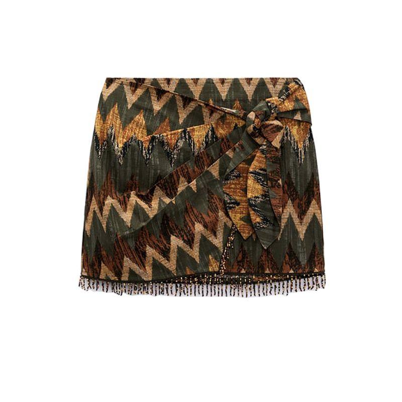 

Stomach Blanket Bow Tie Beaded Tassel Retro Printed Mini Skirt Multi-color L