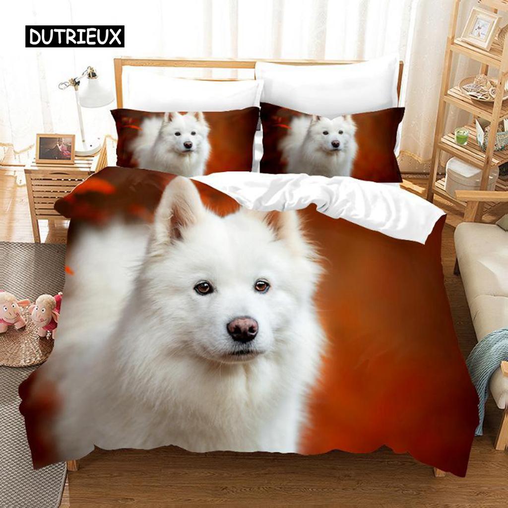 Samoyed Duvet Cover Set Cute Dog Pattern Decor Bedding Set Grass Green for Kids Girls Adults Lovely Animal Polyester Quilt Cover