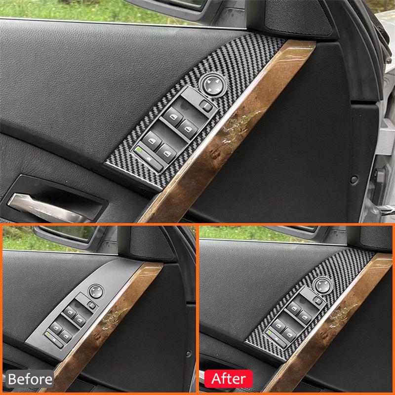 Carbon Fiber Car Power Window Switch Lifter Buttons Panel Interior Decoration Sticker Accessories For BMW 5 Series E60 2004-2007