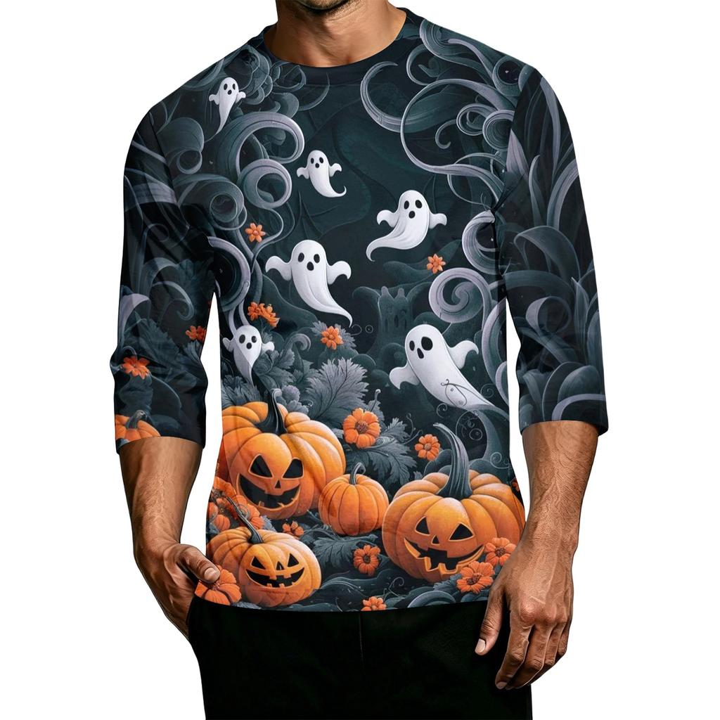 Men's Casual Halloween Print Crew Neck 3/4 Sleeve T-Shirt Lightweight Breathable Fabric Comfortable Fit