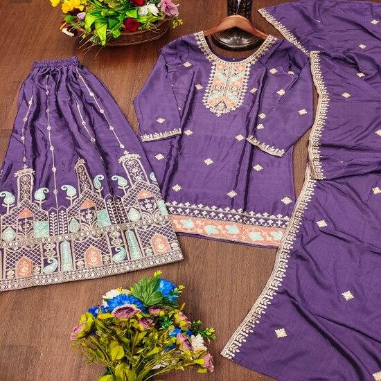 Festive Purple Sharara Dress with Multi-Color Embroidery