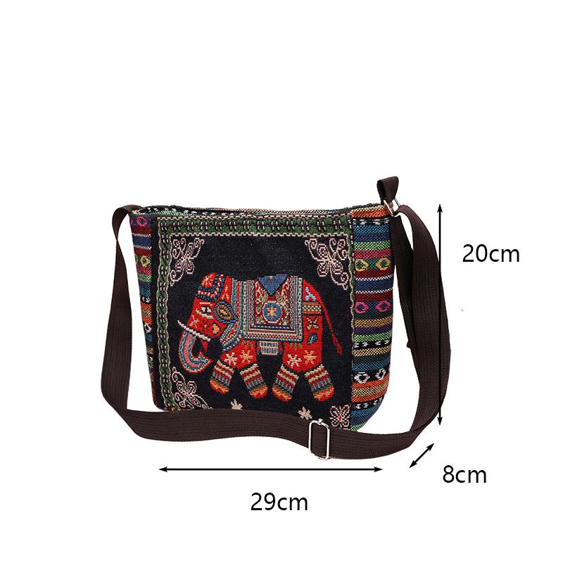 Yogodlns Håndveske i etnisk stil Broderi Elefant Lerret Dame Skuldervesker Dagligvareoppbevaringsveske Stor kapasitet Crossbody-veske