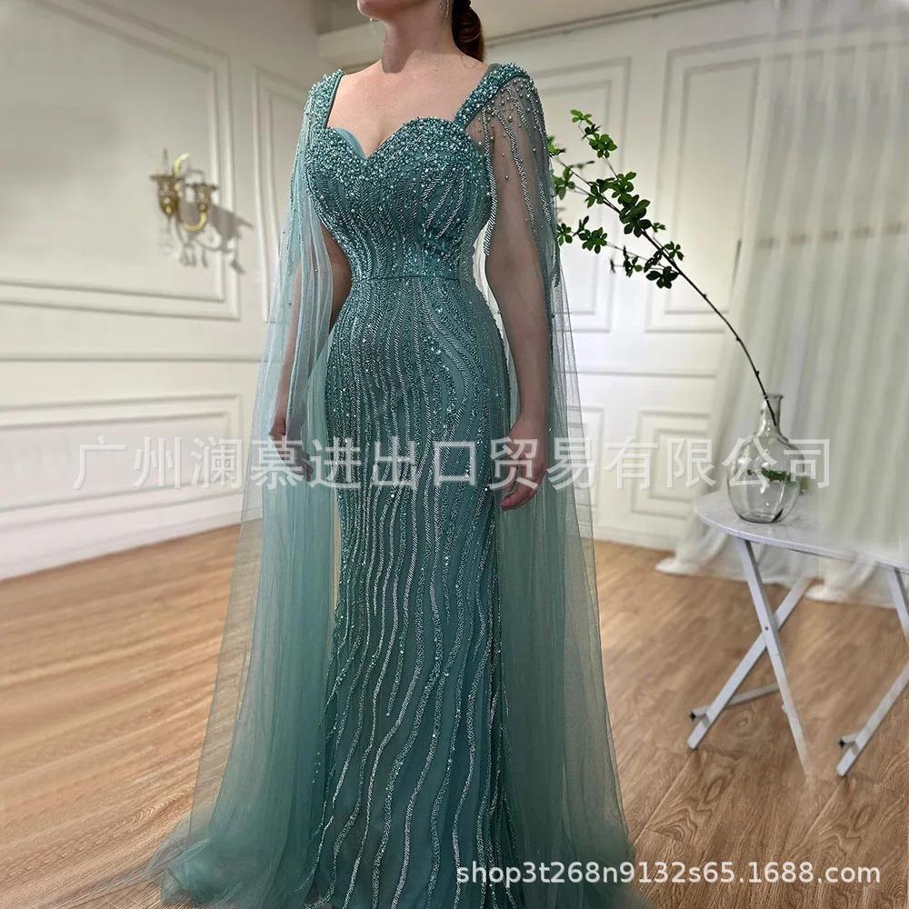 European and American high-end blue elegant flying sleeves fishtail dress banquet host performance evening dress LA11111