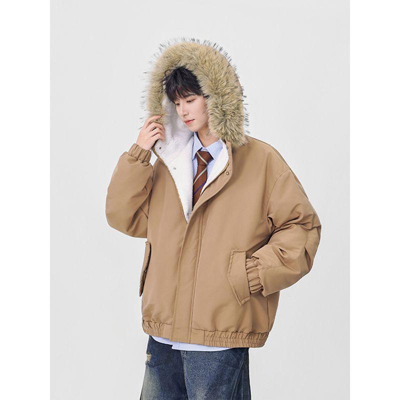 51 Hip-Hop American Retro Lazy Style Large Fur Collar Workwear Cotton Jacket for Men, Winter Thickened Warm Loose Cotton Coat
