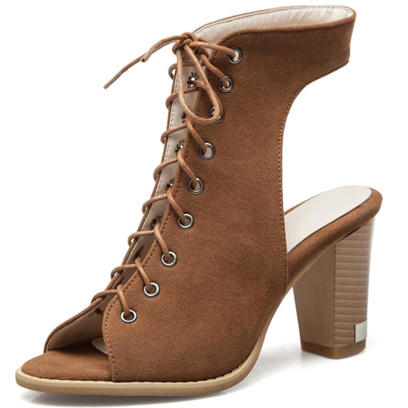 

Замшевые римские сандалии на шнуровке спереди, женские туфли на высоком каблуке для лета, сексуальные сандалии-гладиаторы с открытым носком, женская обувь WSH3900 39 коричневый