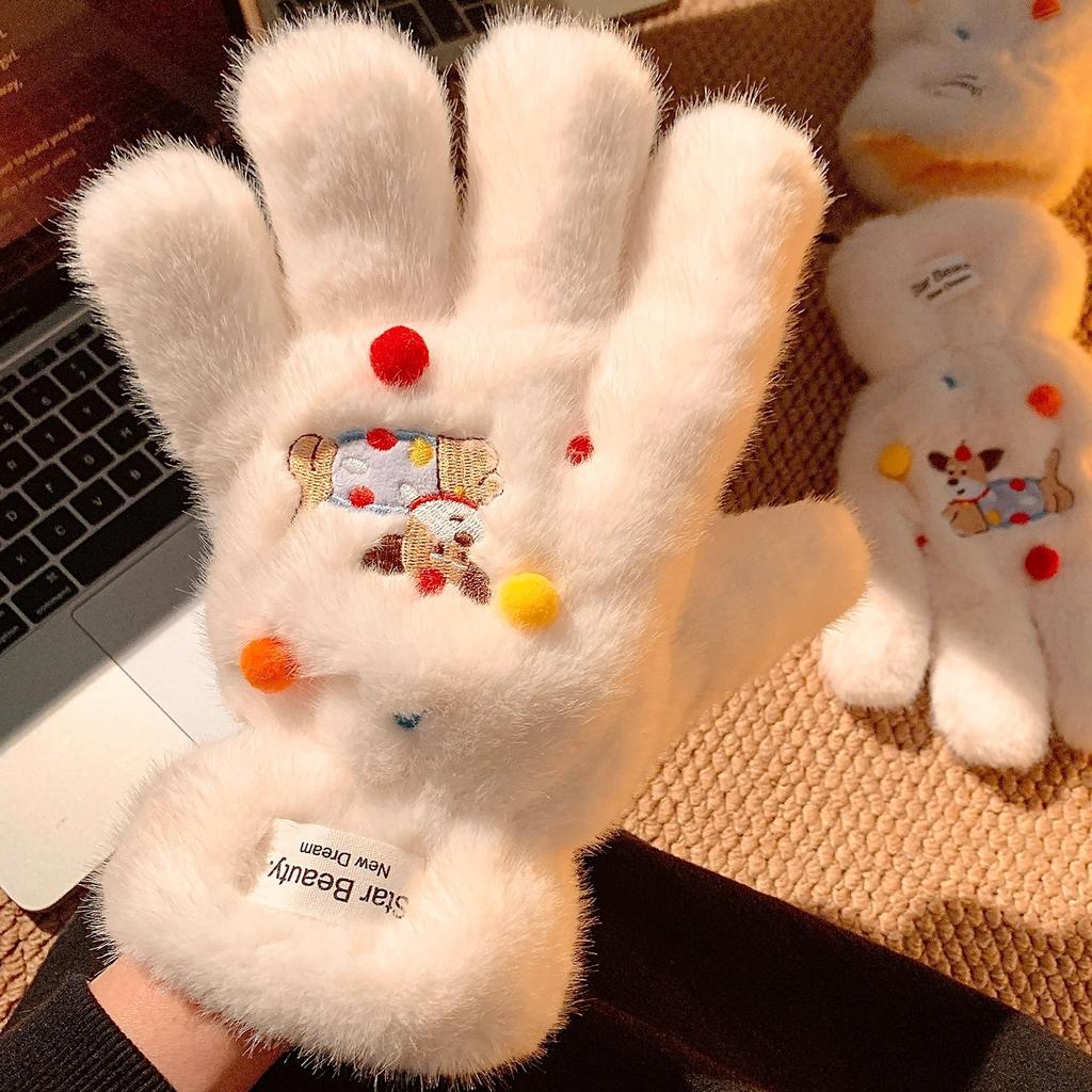 Cartoon polka dot puppy five-finger gloves female cute plush thickened warm neck windproof and cold proof