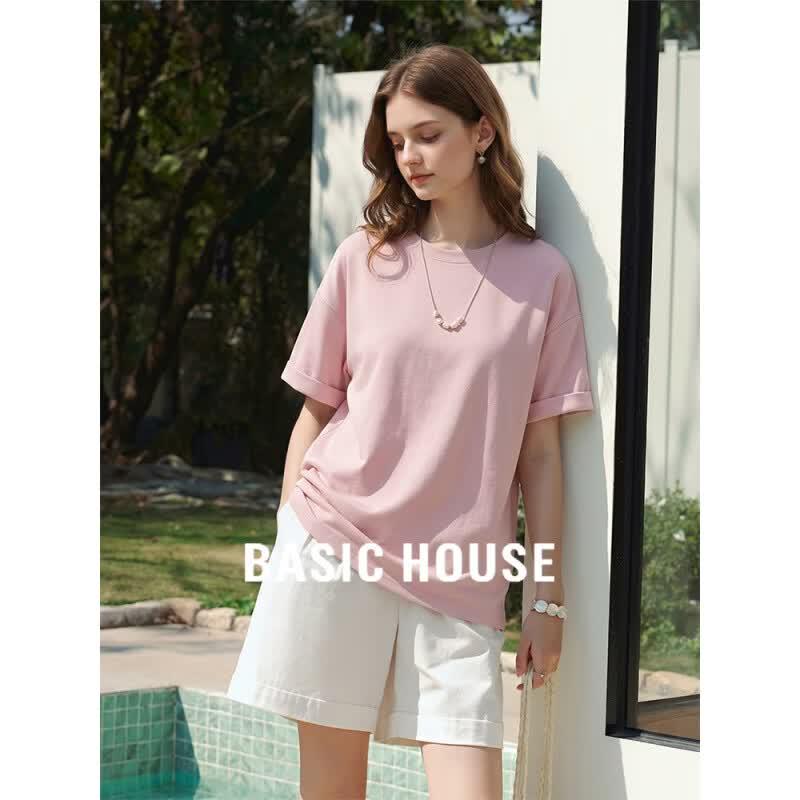 Basic House Women s Pure Cotton Round Neck Short Sleeve T-Shirt L