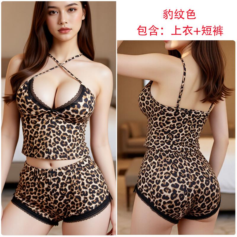 Night concubine sexy underwear leopard print top shorts female temptation source delivery S