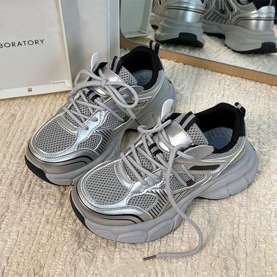 Mode Frühling Damen Klobige Plateau-Sneakers Silberne Tennisschuhe Atmungsaktives Mesh Freizeitschuhe Dicke Sohle Damenschuhe Damen Dad-Schuhe