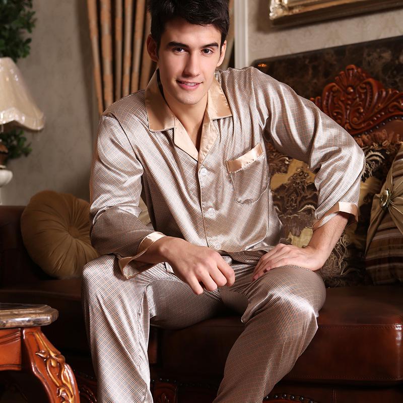 Men's Silk Long Sleeve Pajamas Set: Spring to Autumn, Lightweight, Loose, and Comfortable Homewear.