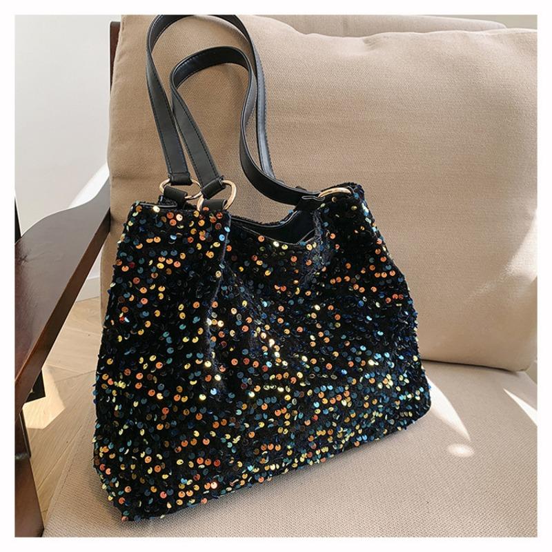 

Сумка большой вместимости женская летняя универсальная новая повседневная сумка через плечо с пайетками студенческая сумка-тоут чёрный