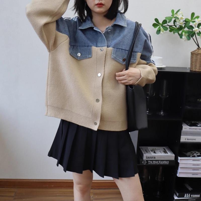 Fashion Denim Splicing Sweater Jacket Autumn and Winter New Design Sense Loose Casual Versatile Knitted Cardigan Women