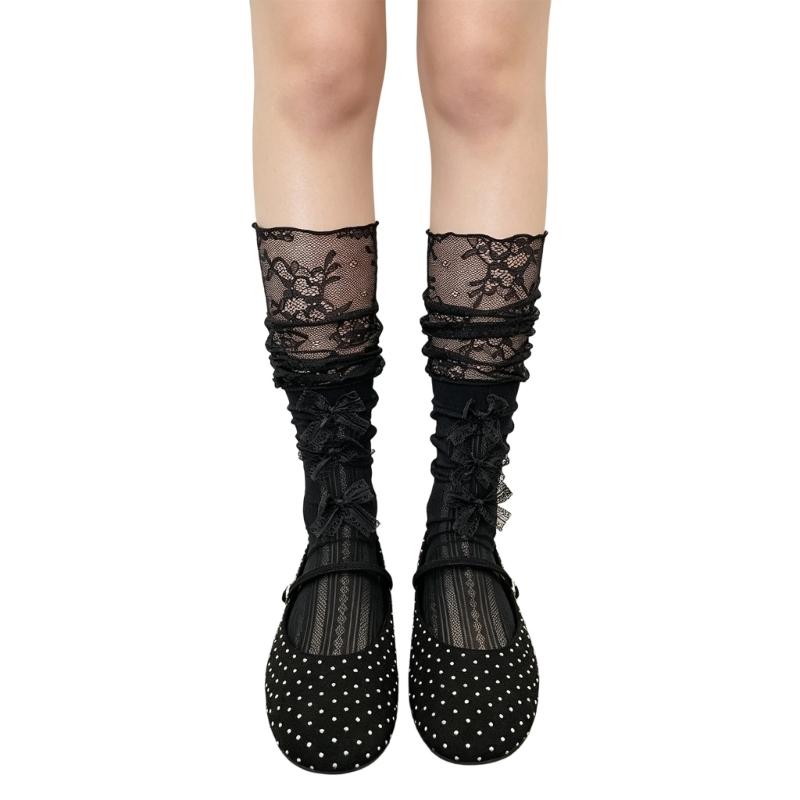 Chaussettes Dentelle Mi-Mollet pour Femmes avec Accent Ruban Style Décontracté Paire pour Tenue en Superposition Style Quotidien