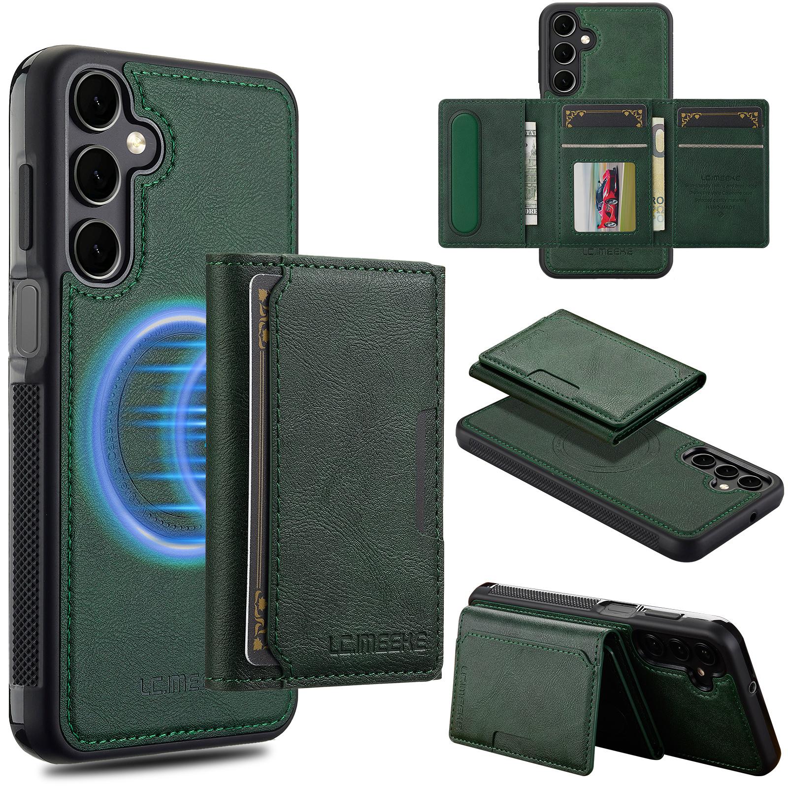 

For Samsung Galaxy A55 5G Magnetic Phone Case Leather Back Cover with Detachable Card Holder Green