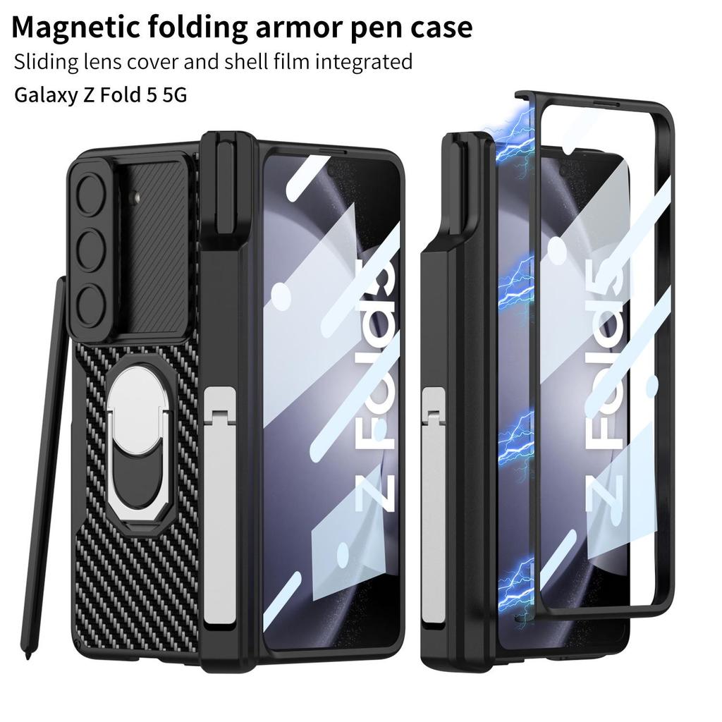 Samsung Z Fold 5 Magnetic Leather Armor Case with Push-Window Lens & Pen Holder