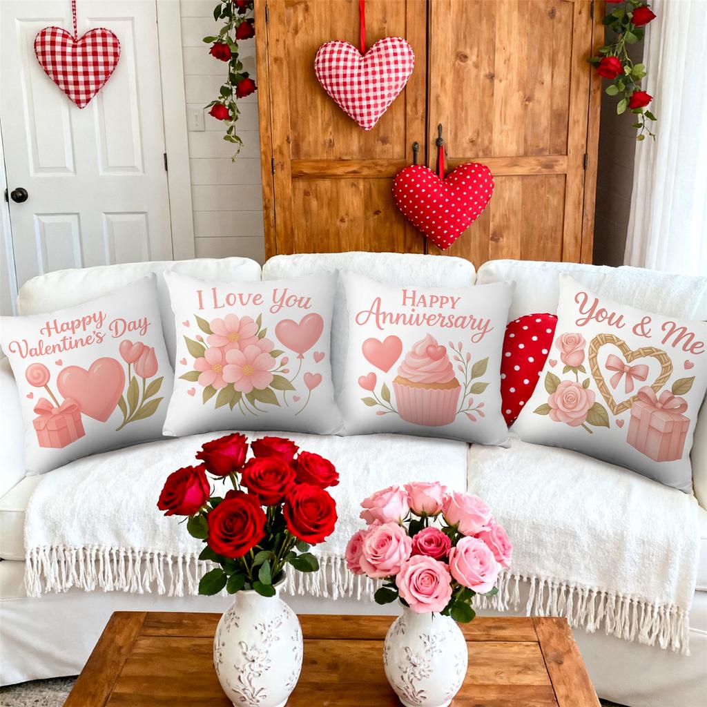 4pcs Valentine'S Day Throw Pillow Covers | Pink Floral Hearts Gift Cupcake Designs, Zip Closure, Polyester, Hand Wash Only, Suitable for Bedroom, Sofa
