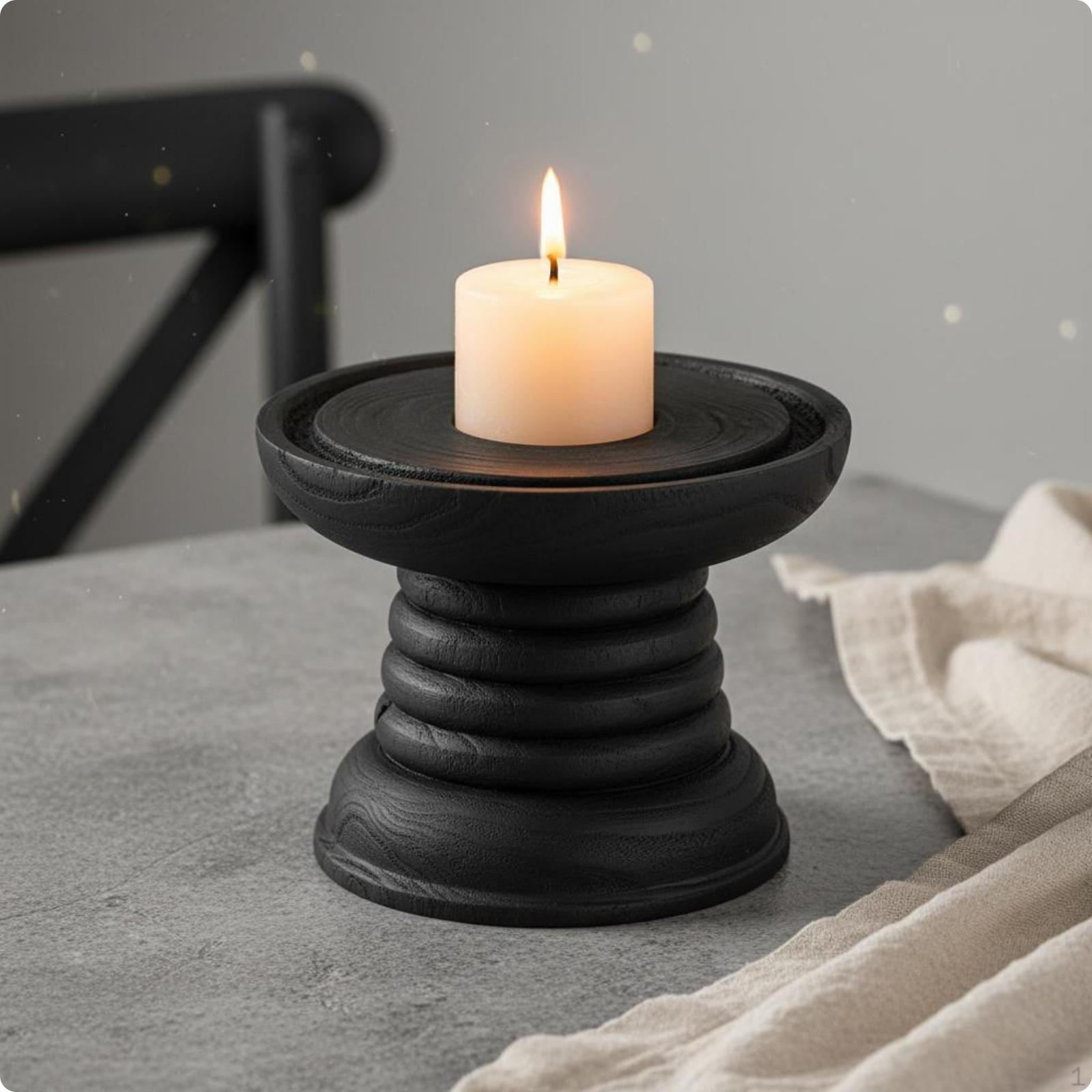 Black Wood Candle Holder Nordic Style Rustic Candlestick Vintage Grain for S