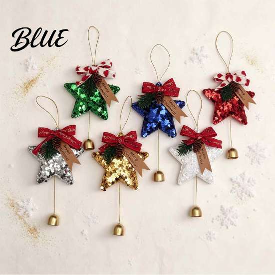 Seasonal Party Supplies Glitter Star Bell Ornaments Sequin Hanging Decoration with Bow Pine Indoor Christmas Tree Trim Cone Sparkly Pendant