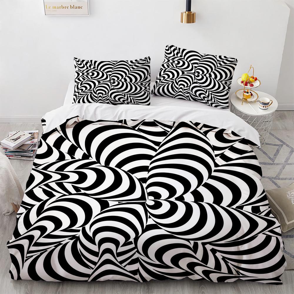 3D Stereo Pattern Geometric Duvet Cover Set Black White Bedding Sets Ultra Soft Reversible Stripe Comforter Cover For Men Women