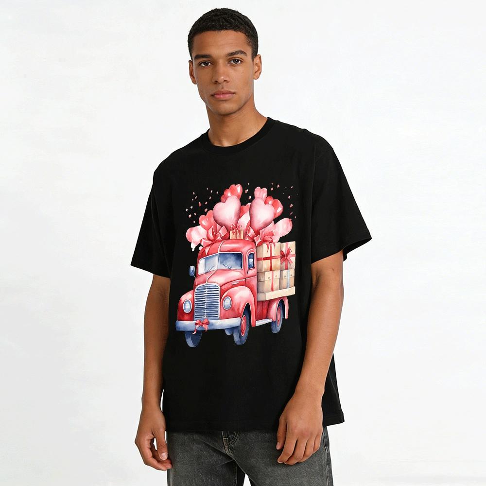 Valentine's Day Heart Gift Truck Print Casual Top Pure cotton T-shirt