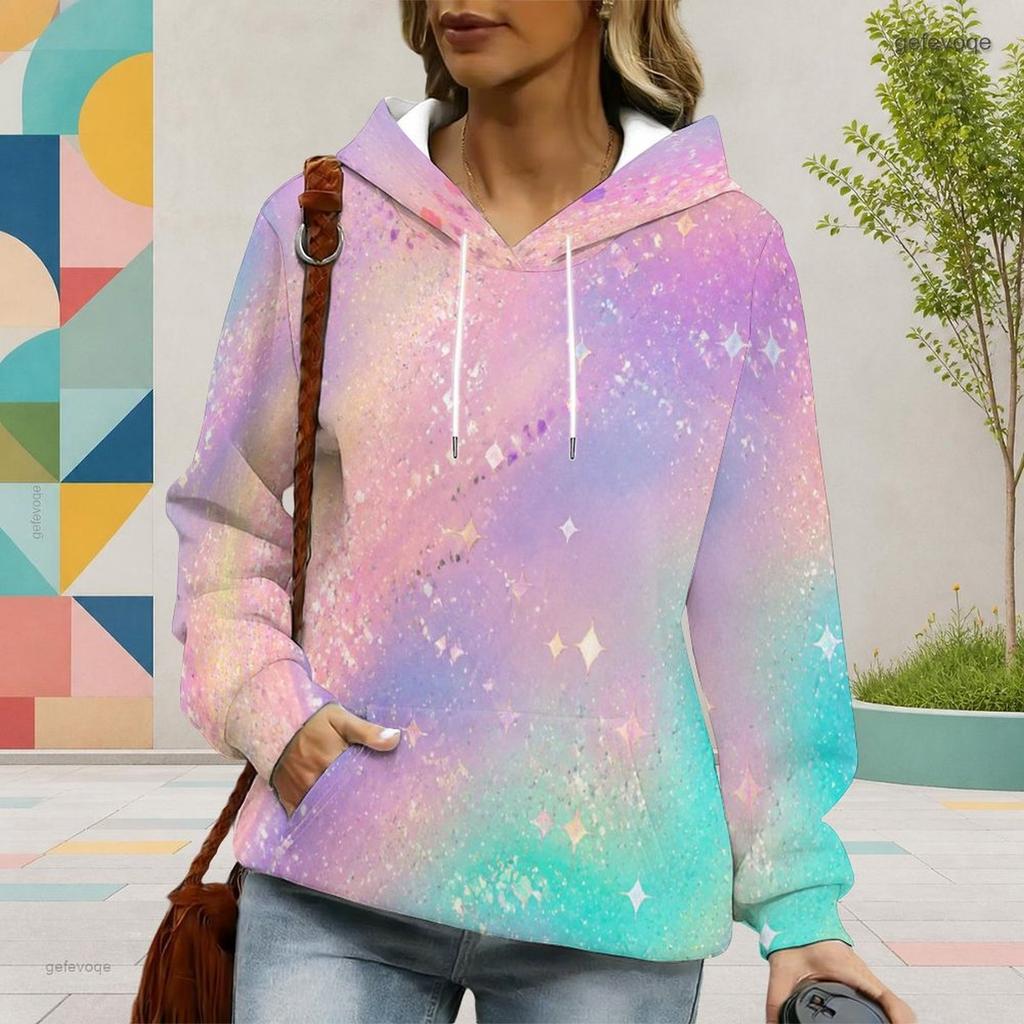 Women Plus Size Long Sleeve Colorful Galaxy Printed Hoodie Pullover With Drawstring Hood Kangaroo Pocket