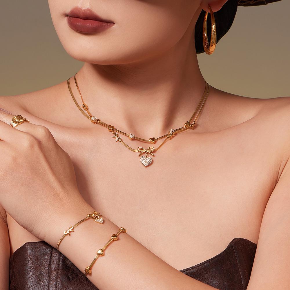18K Gold-Plated Heart Zircon Bow Pendant Necklace & Bracelet Jewelry Set