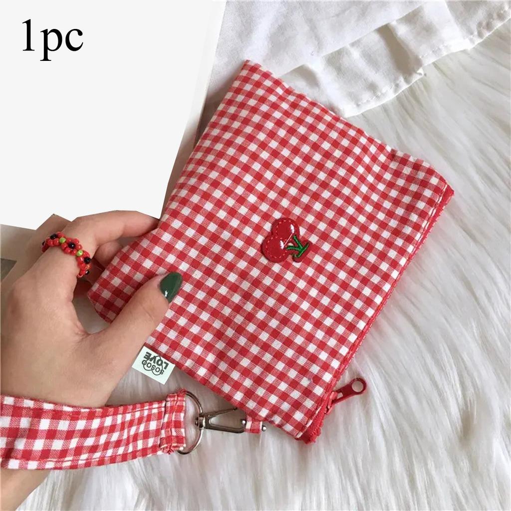 Red Cherry Canvas Makeup Bag Portable Easy To Carry Red Plaid Large Capacity Cosmetic Lipstick Storage Bag Travel Accessories