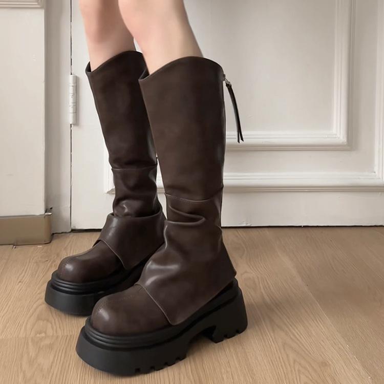 

V-mouth long boots women s spring and autumn small thick-soled knee-length boots retro trousers stacked high knight boots 40 коричневый