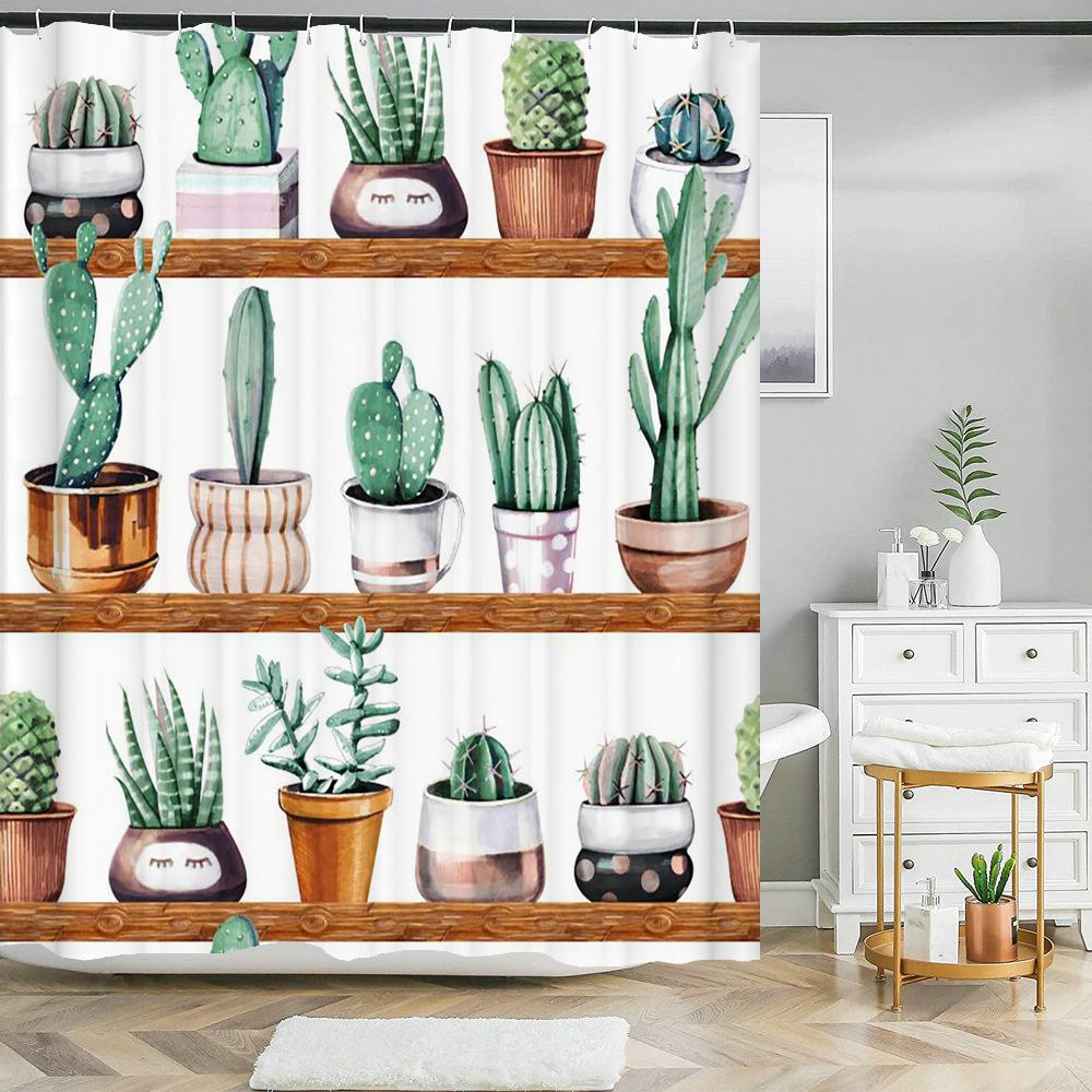 

Bathroom waterproof shower curtain Nordic Minimalist style Tropical Plant Cactus printed polyester home decor curtain with hook W90xH180cm
