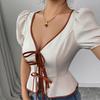 Neue Sommer-Mode Einfarbig Ausgeschnittenes Hemd Damen Sexy V-Ausschnitt Puffärmel Schnür-Tops Schicke Damen Casual Taillenbluse Streetwear
