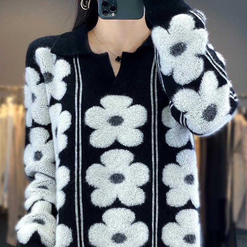 Lapel Contrasting Thickened Cardigan for Women In Autumn and Winter New Style Flower Jacquard Wool Sweater Fashionable and Versatile Base Shirt