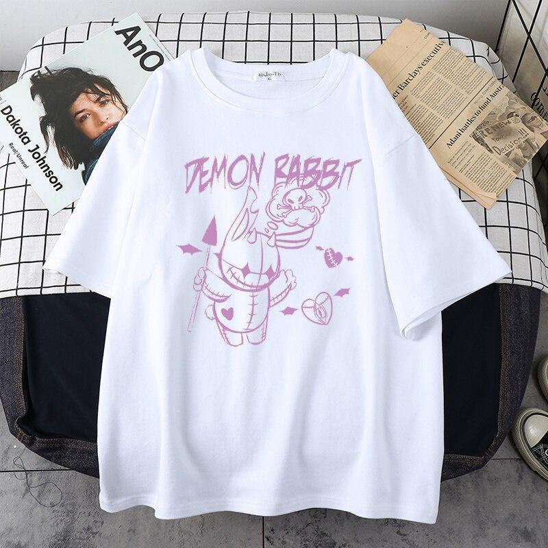 

Готический стиль Корея Поп E-girl Кролик Принт Drak Топы Лето Кавайи Одежда Crop Harajuku O-neck Короткий рукав Женщины Ins Футболки