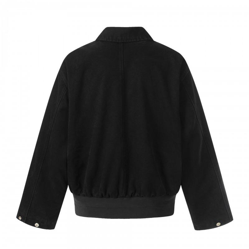 Unisex Oversized Relaxed Fit Cotton Barn Jacket With Distressed Texture Flip Collar Short Wide Workwear Style