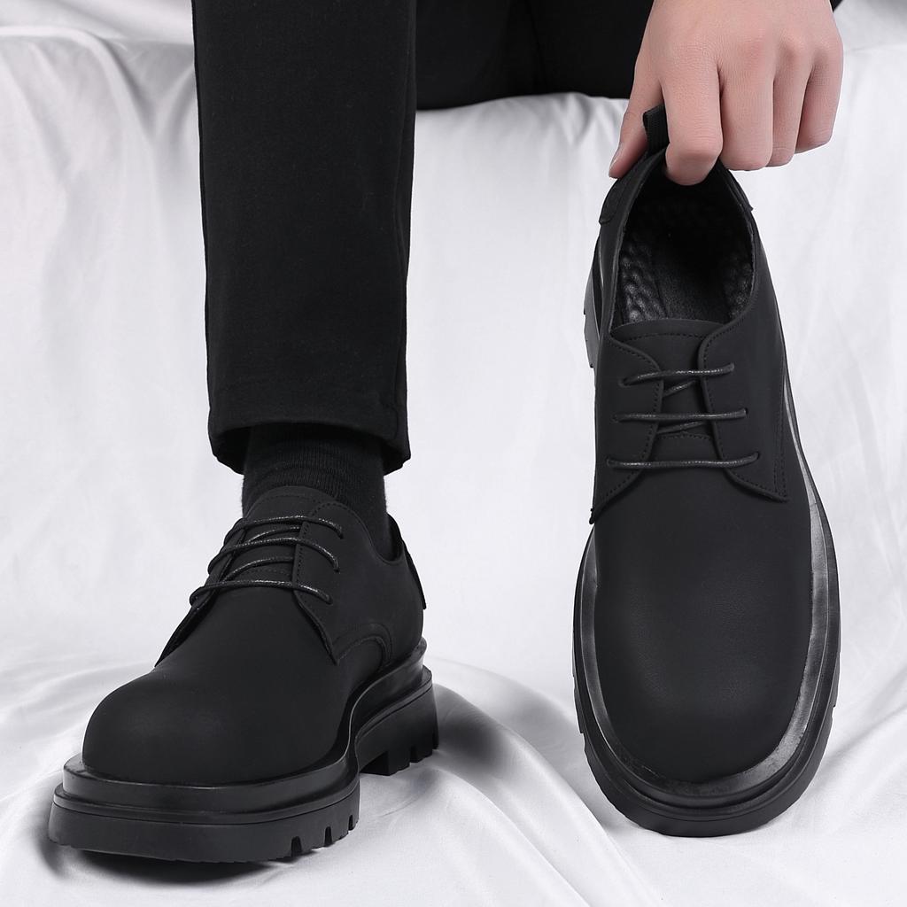 British Style Dark Black Leather Shoes Trendy Men and Women Niche Retro Matte Leather Heightening Big Head Shoes Men's Thick-soled Derby Shoes