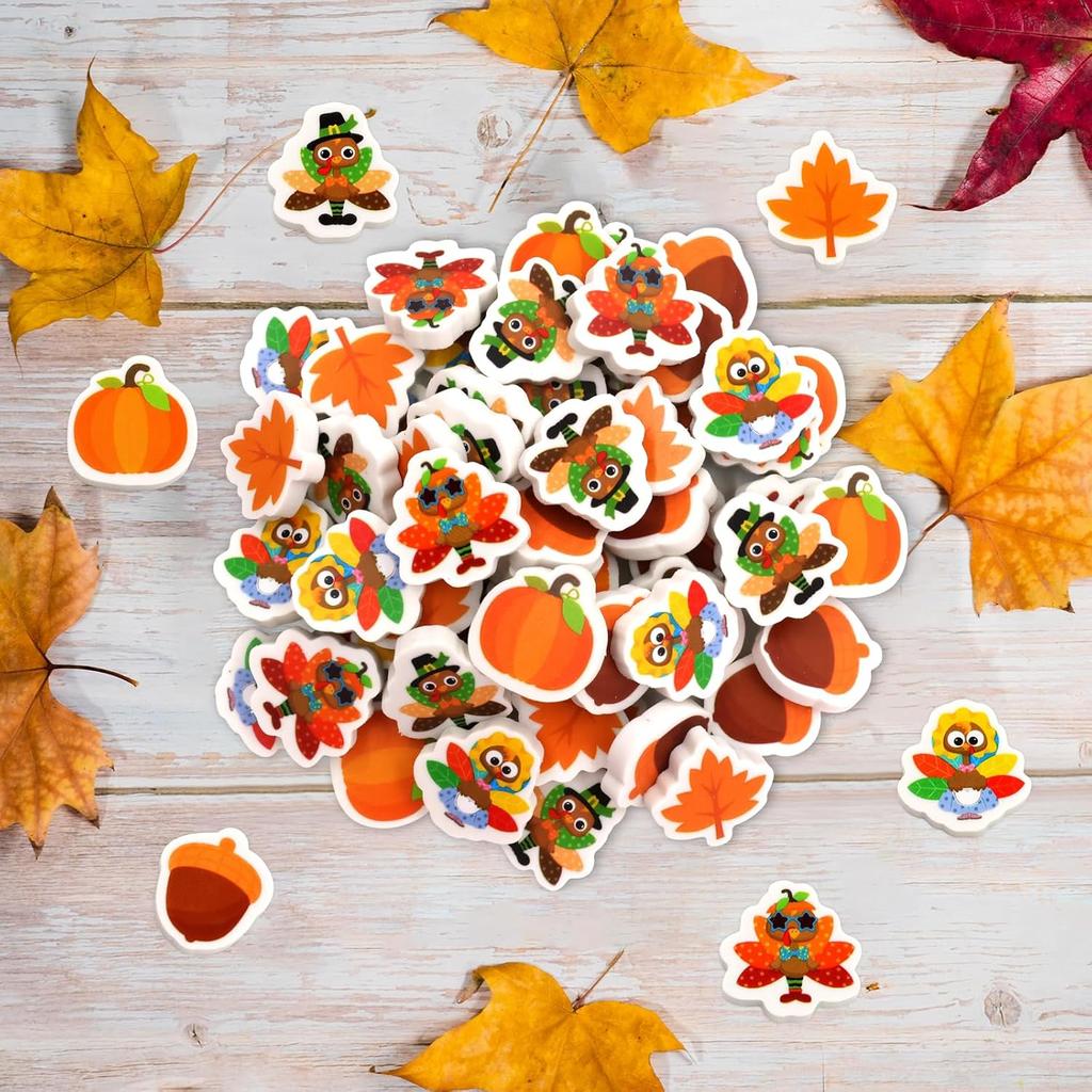 Ceiba Tree 60Pcs Thanksgiving Mini Erasers for Kids Bulk Turkey Maple Leaf Pumpkin Acorn Pencil Erasers Stationery for Student Classroom Prizes