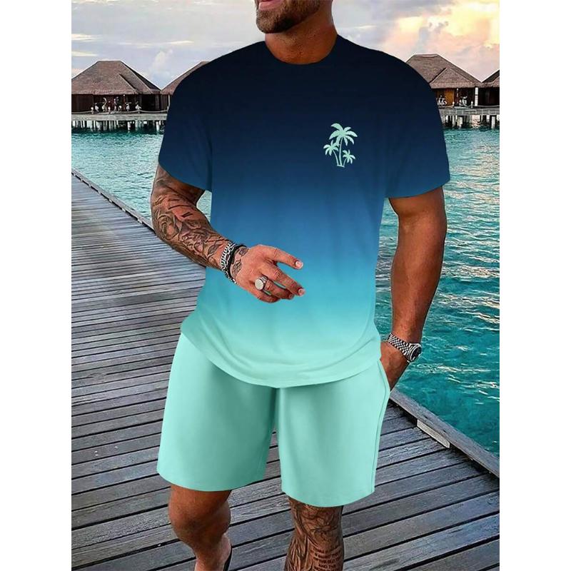 

Летний мужской комплект из 2 предметов, гавайская мода, повседневная мужская футболка, мужские шорты для пляжа и отдыха с принтом пальм и короткими рукавами 6XL