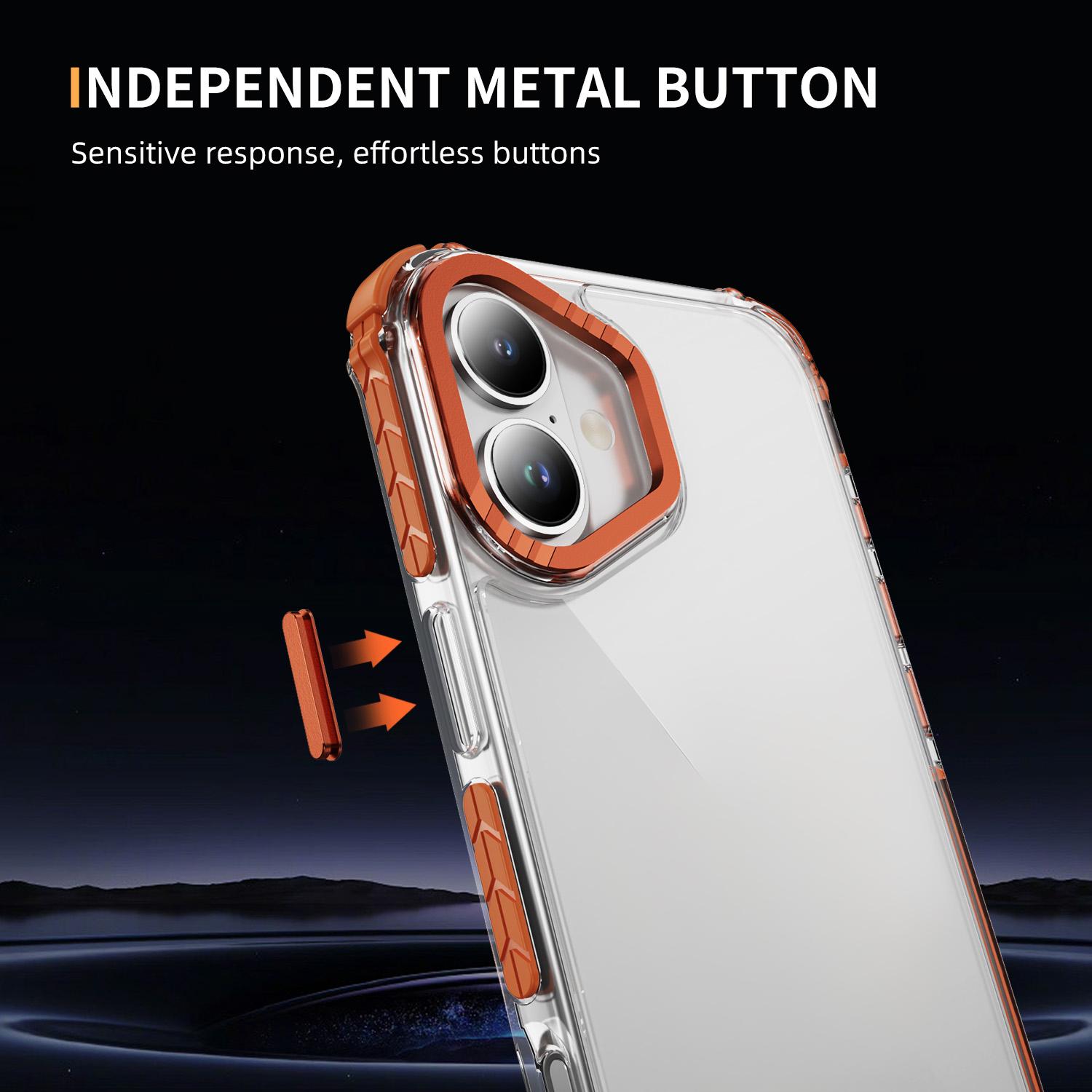 

For iPhone 16 Crystal Clear Case Airbag Anti Drop TPU+PC Phone Back Cover Orange