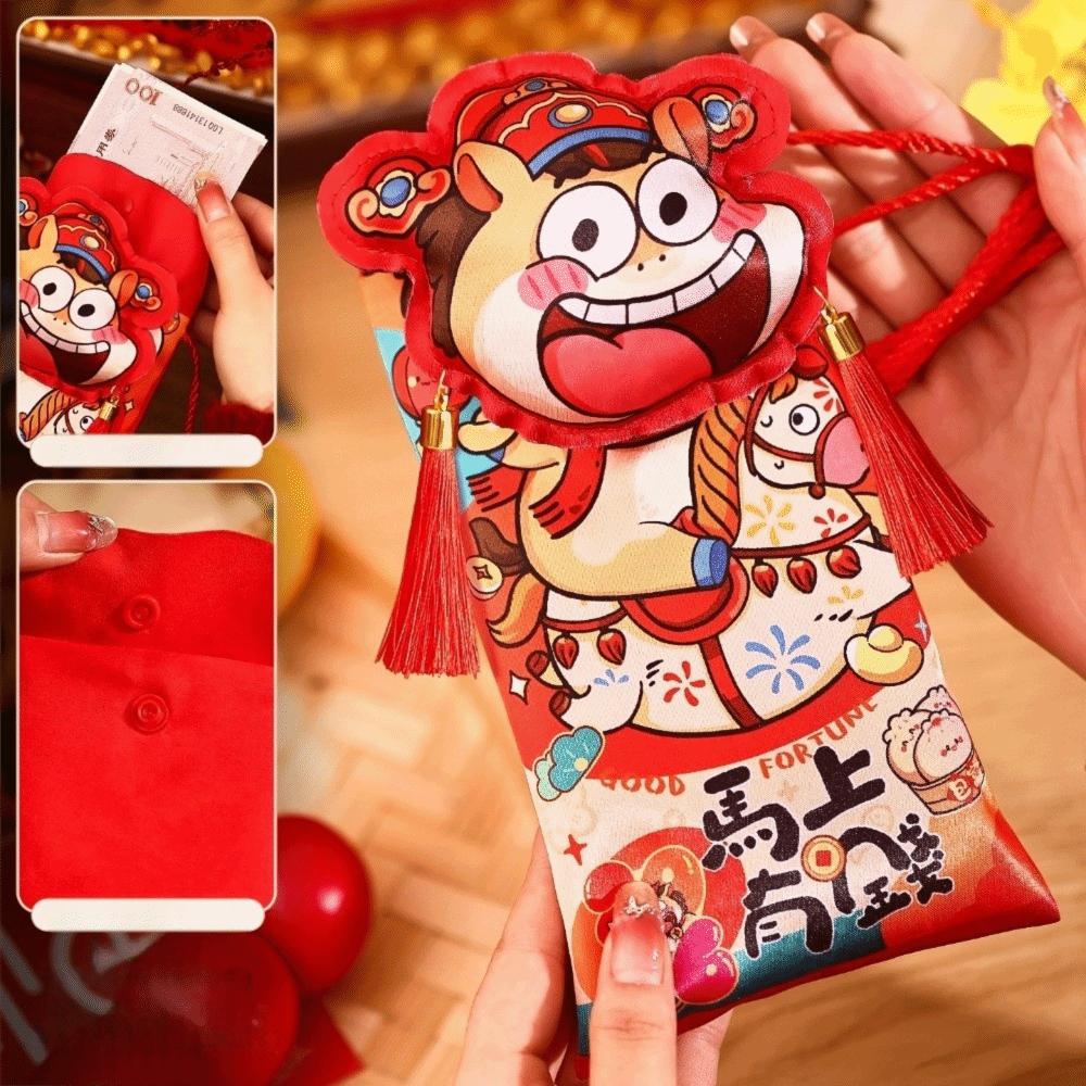 With shoulder straps New Year's Blessing Bag Cartoon Red Envelope  2026 Year of the Horse