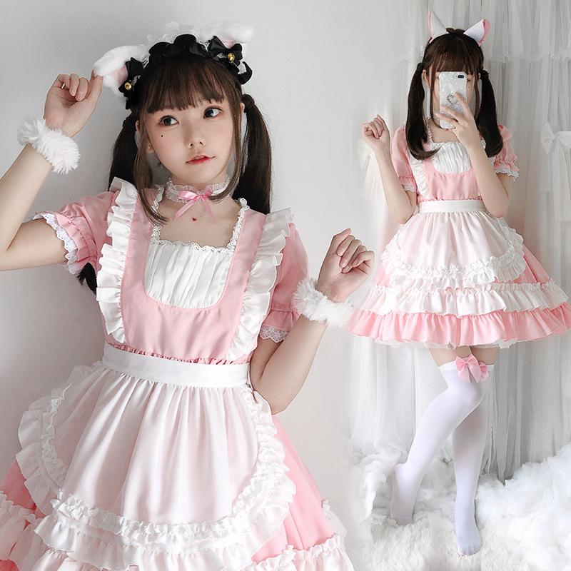 Rosa Katzen-Maid-Outfit Lolita Soft Girl Kleid, Maid-Outfit Cosplay Anime Rollenspiel