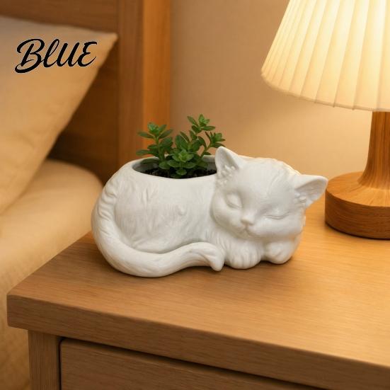 Healing Visual Style Planter 3D Printed Sleeping Cat Flowerpot, Mini Desktop Planter, Unique Indoor Garden Decor Decorative Plant Holder for