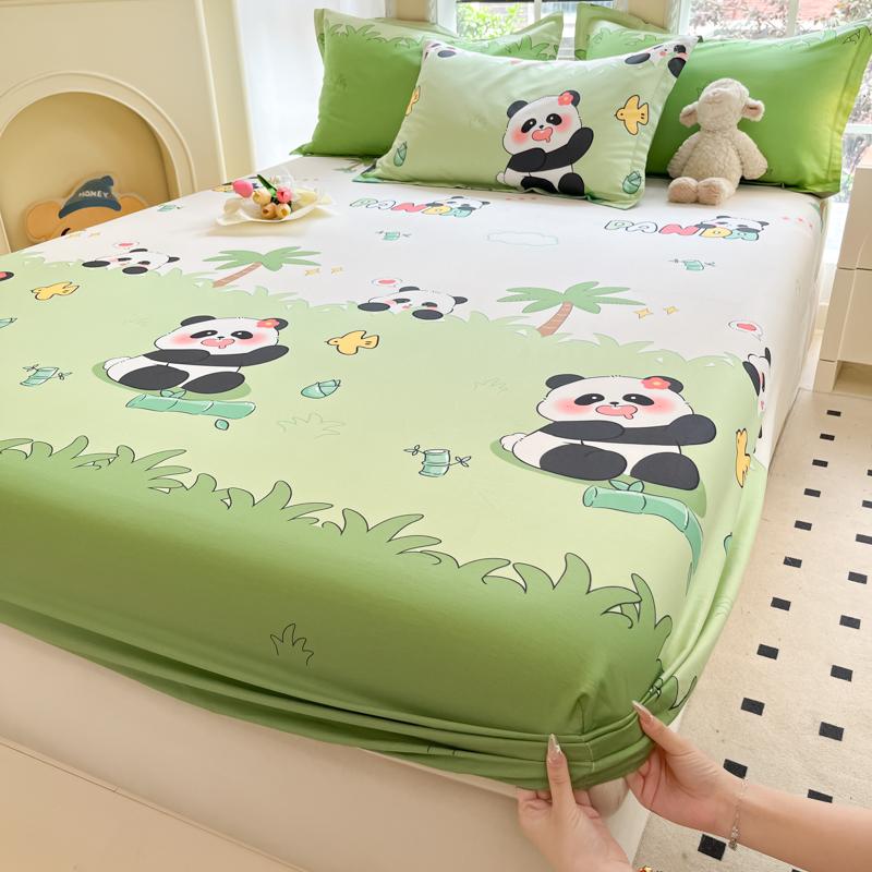 Kawaii Cartoon Panda Fitted Sheet With 2 Pillowcase Bamboo Tree Bed Sheet Set Cotton Bed Cover With Deep Pocket For Child Teen