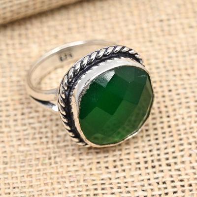 Bague en argent sterling 925 massif avec pierres précieuses d'onyx vert à facettes faites à la main