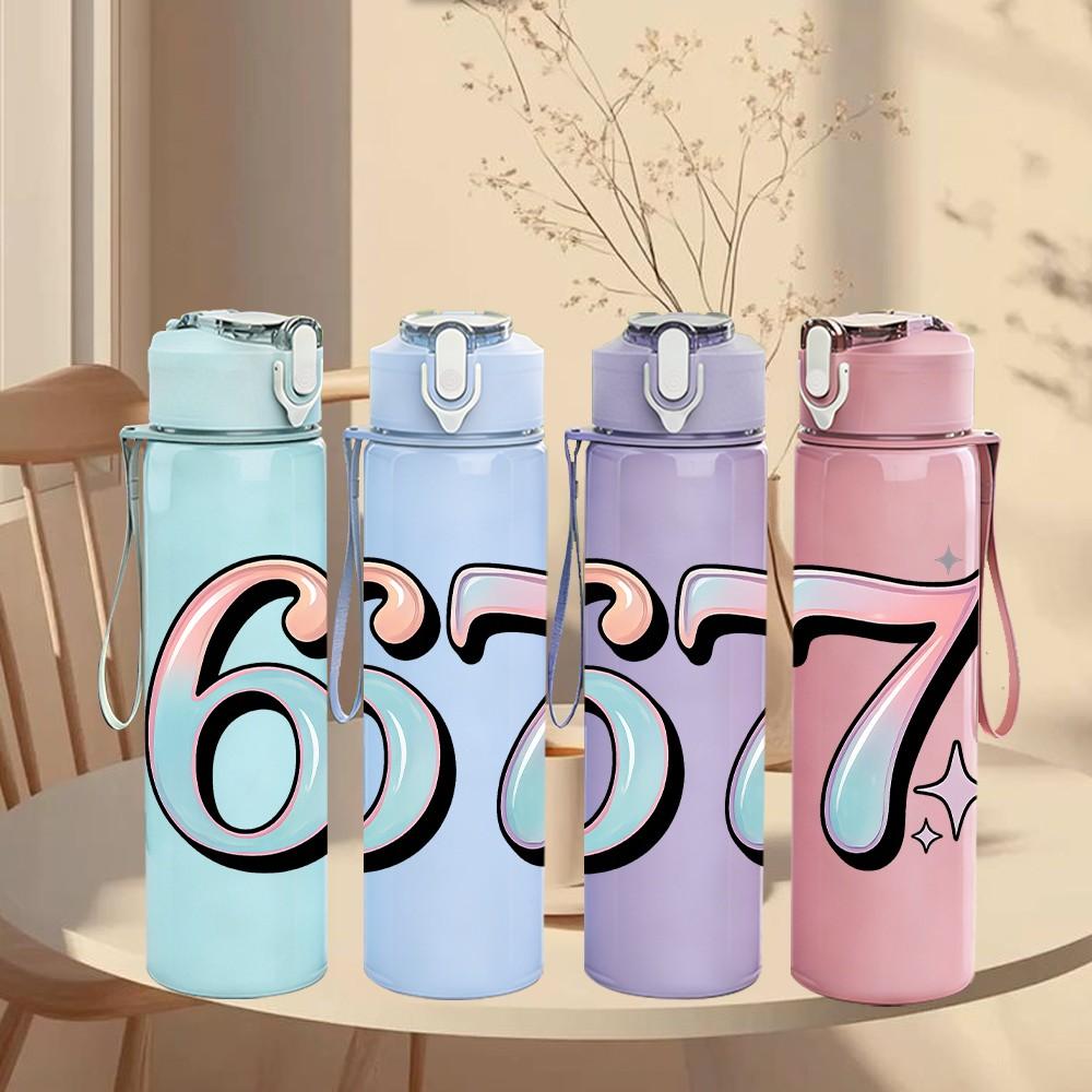 1PC Shiny Glitter Number 67 Pattern 750ml Color Plastic Sports Water Bottle Leakproof Flip Straw Lid Suitable for Sports Office Home Use