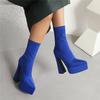 Women Platform Ankle Boots High Thick Heels Pointed Toe Rosy Red Purple Stretch Satin Party Club Lady Autumn Slip-on Short Boots