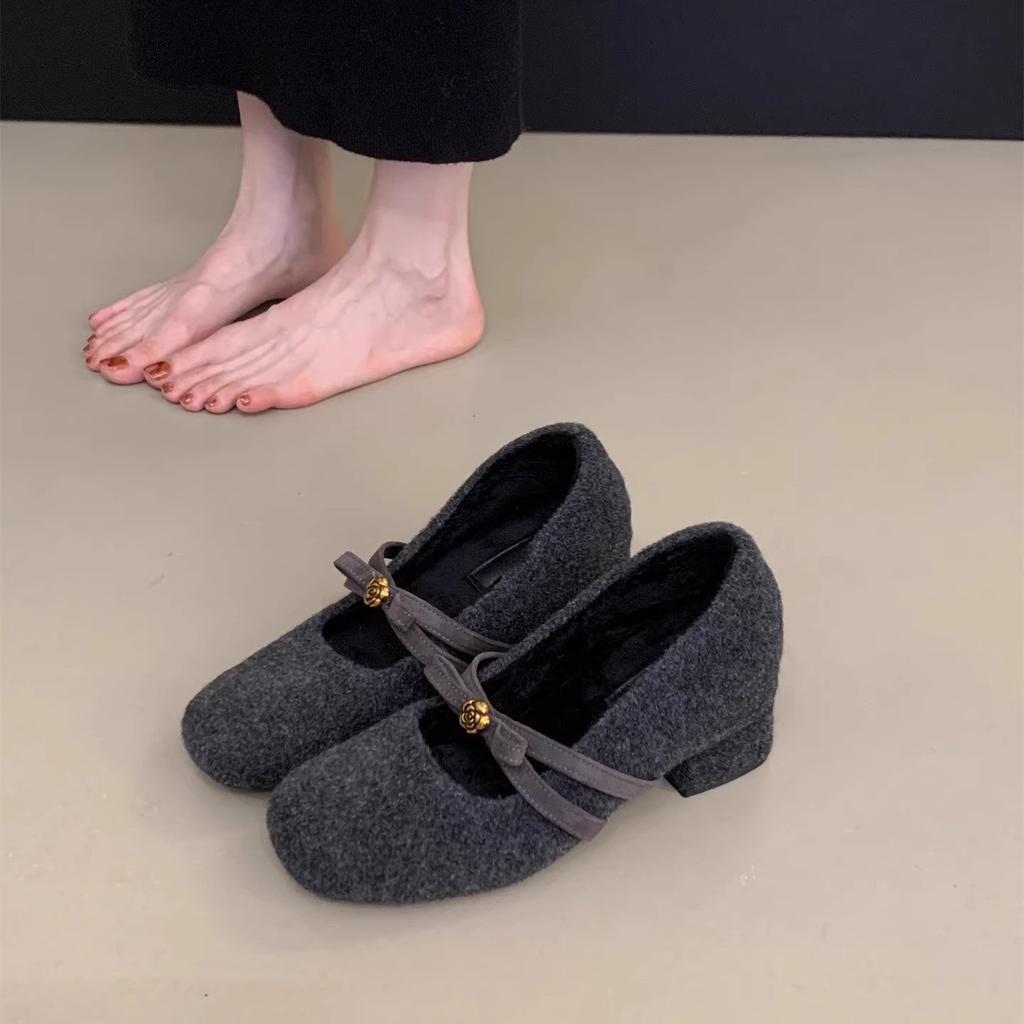 Inner height increase thick heel gray fluffy shoes female winter Korean version fairy Mary Jane shoes velvet warm cotton shoes