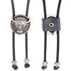 Bolo Tie Handmade Round Shape Western Cowboy Bola Tie Bull Head Faux Leather Pendant Necklace for Men